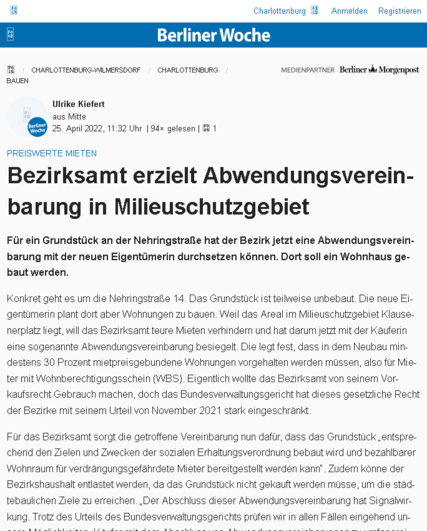 Screenshot Berliner Woche vom 25.04.2022: Bezirksamt erzielt Abwendungsvereinbarung in Milieuschutzgebiet