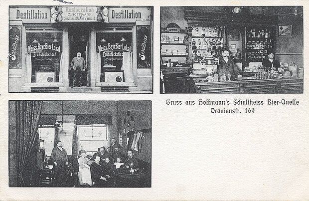 Postkarte "Hoffmann's Schultheiss Bier-Quelle, Oranienstr. 169" in Berlin Kreuzberg Vorderseite der Postkarte "Hoffmann's Schultheiss Bier-Quelle, Oranienstr. 169" in Berlin Kreuzberg.